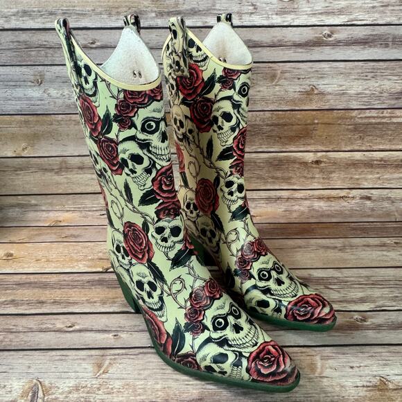 Nomad Womens Skulls and Roses Pointed Toe Cowgirl Rain Boots 8 - Picture 1 of 10